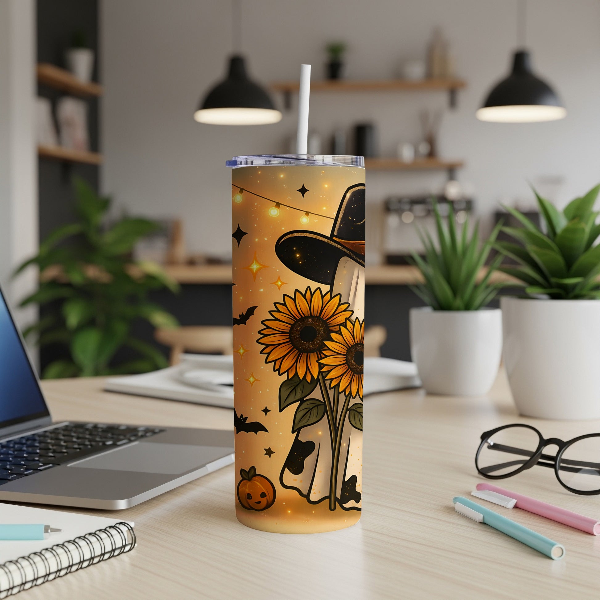 Tumbler with ghost, sunflowers, pumpkin, bats, and string lights design.