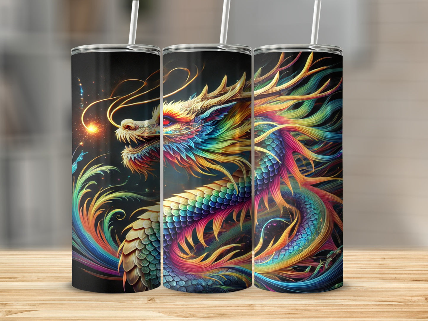 Vibrant Rainbow Dragon Art on Tumbler Cup