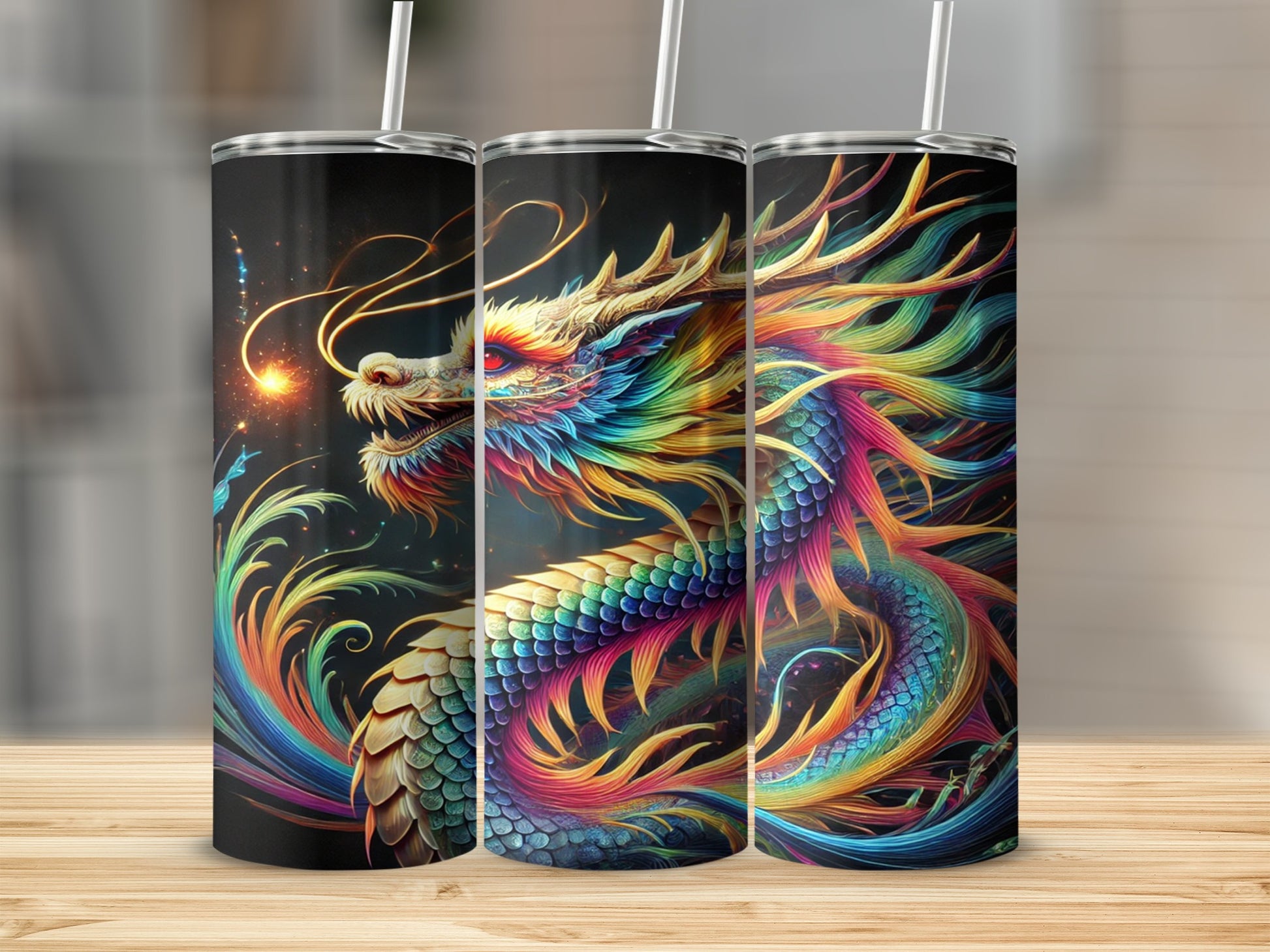Vibrant Rainbow Dragon Art on Tumbler Cup