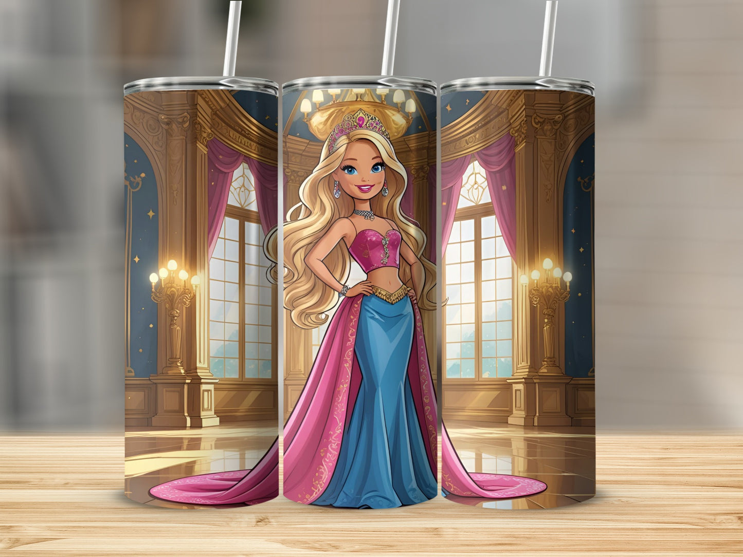 Barbie in a pink and blue gown stands in a ballroom.