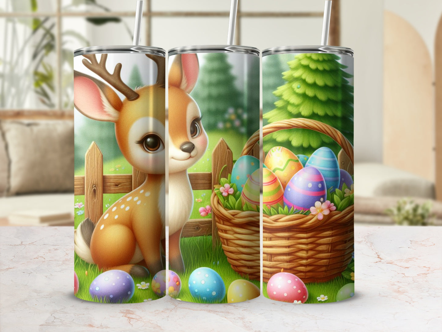Cartoon deer and Easter eggs in a basket with a wooden fence background.