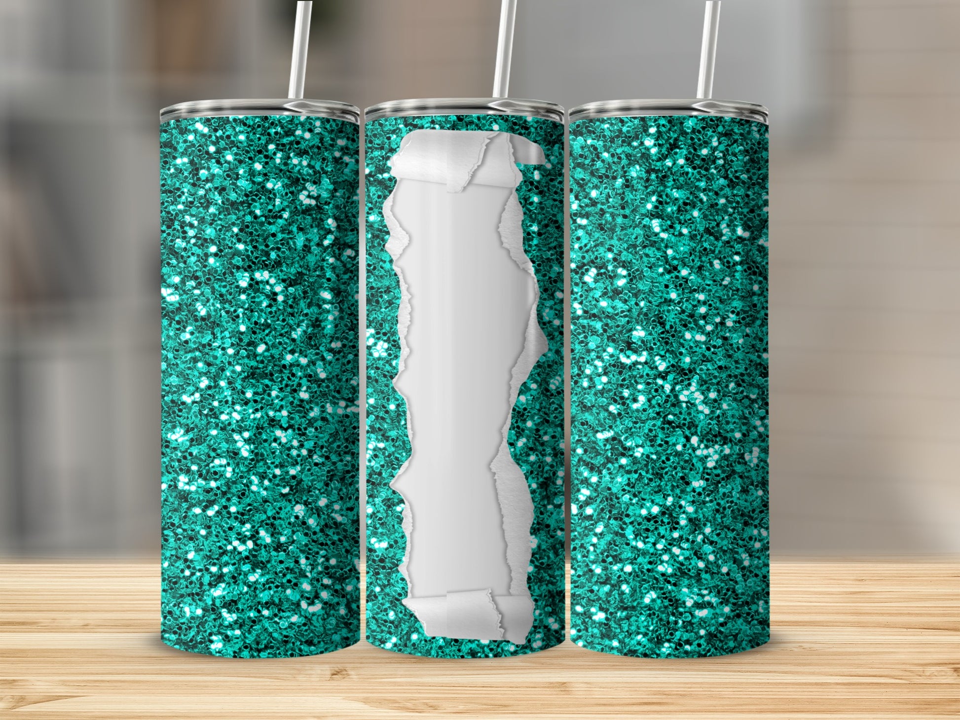 Teal glitter tumbler with torn paper effect revealing white background.