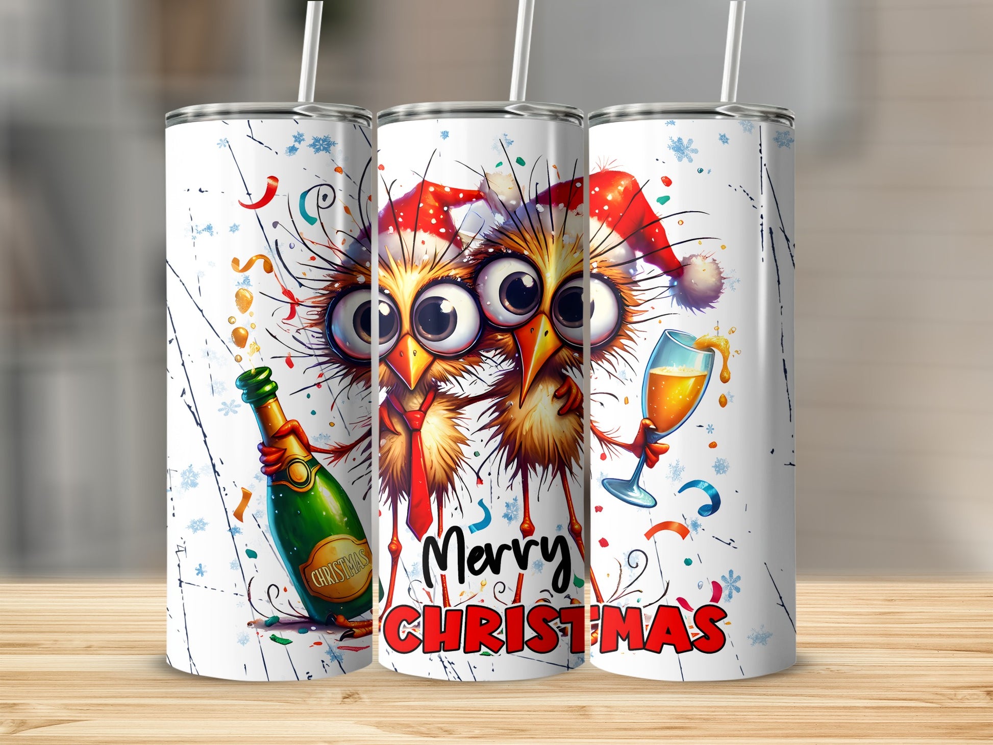 Three cartoon owls in Santa hats with champagne and confetti, saying Merry Christmas.