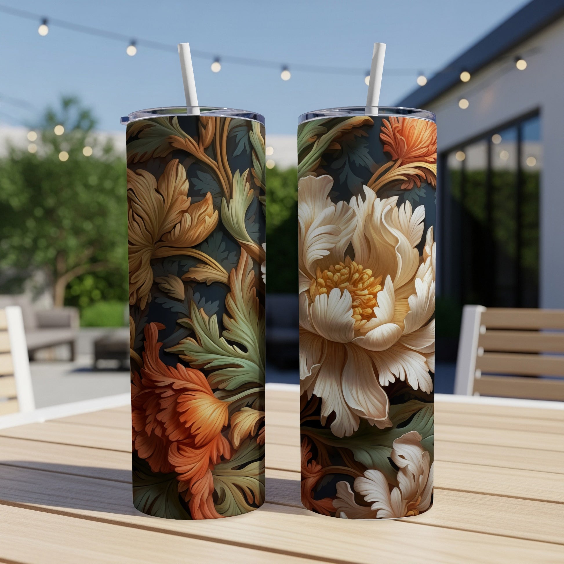 Two tall tumblers with floral patterns sit on a wooden table outdoors.
