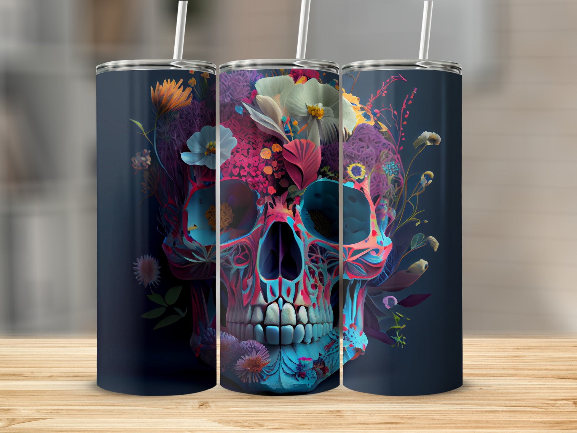 Vibrant Skull Tumbler with Floral Design