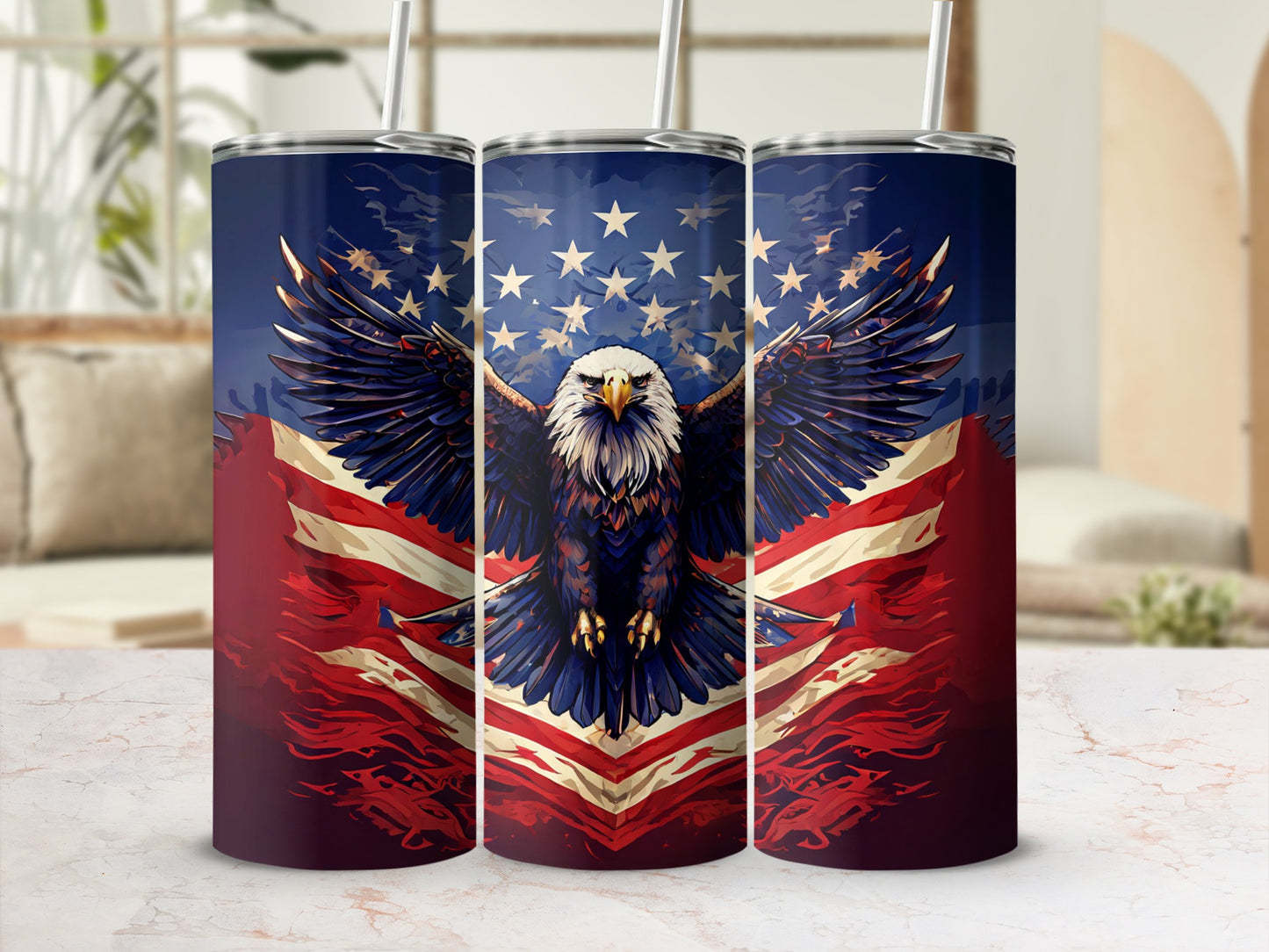 American bald eagle spread wings over the US flag on a tumbler.