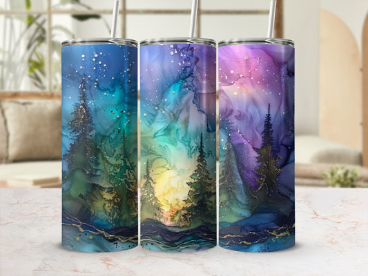 Three tumblers with a colorful, abstract night sky and forest scene.