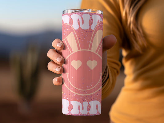 Pink Bunny Smiley Glittery Design Travel Tumbler