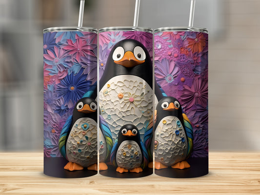 Three patterned tumblers featuring cartoon penguins in front of a floral background.