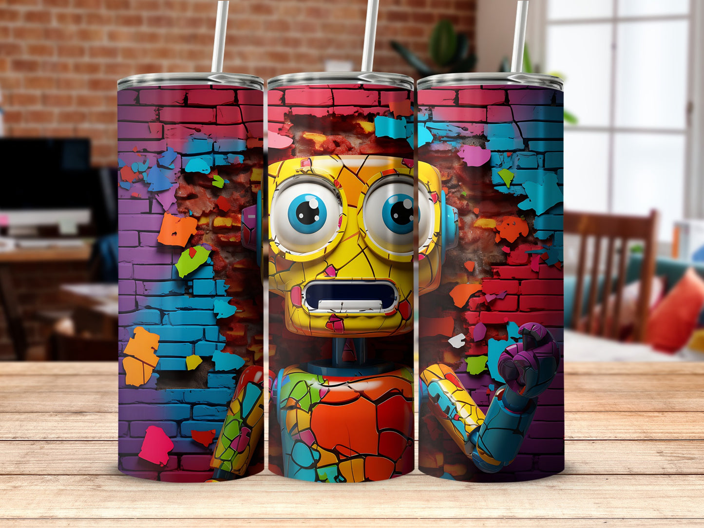 Colorful Abstract Robot with Brick Wall Design Tumbler
