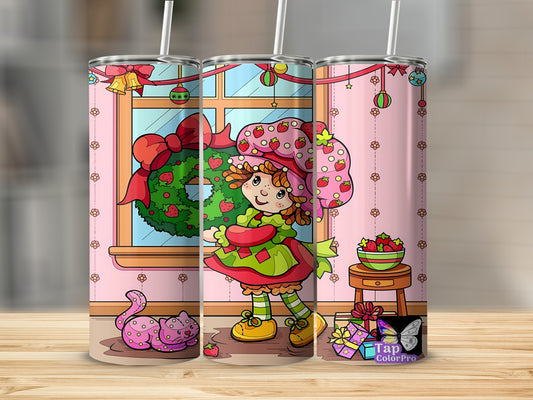 Strawberry Shortcake character with cat and gifts, window with wreath.