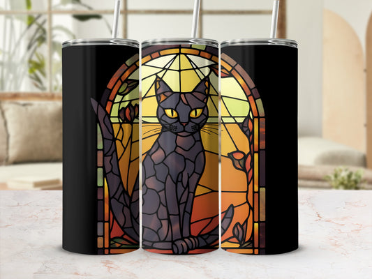 Black cat with yellow eyes in a stained-glass window design.