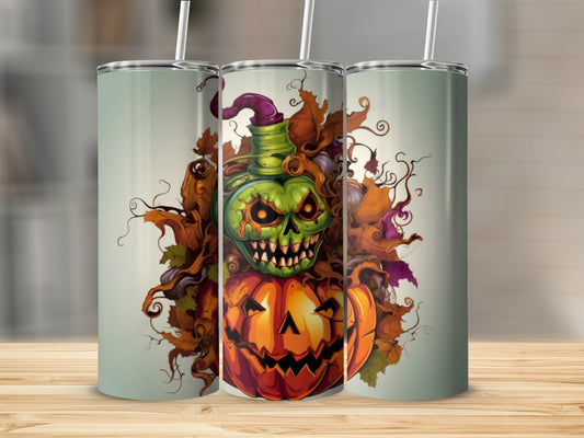Three tumblers with a spooky Halloween pumpkin and grinning green creature design.