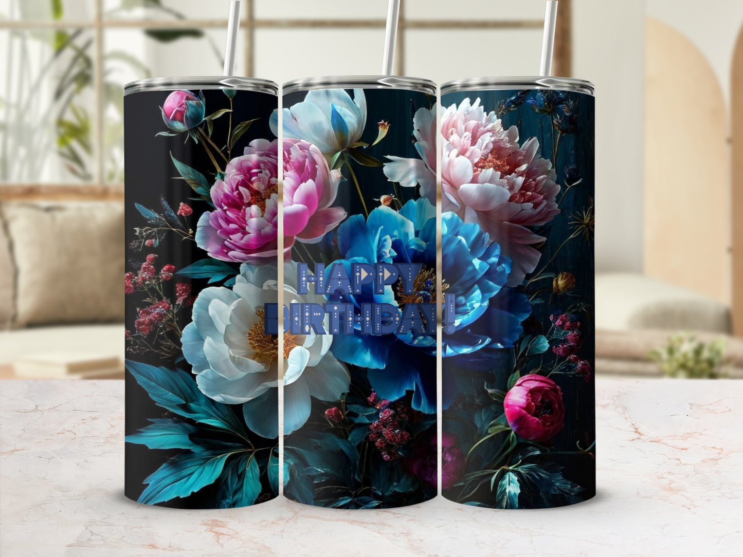 Tumbler with bold blue "Happy Birthday" text surrounded by pink and white peonies.