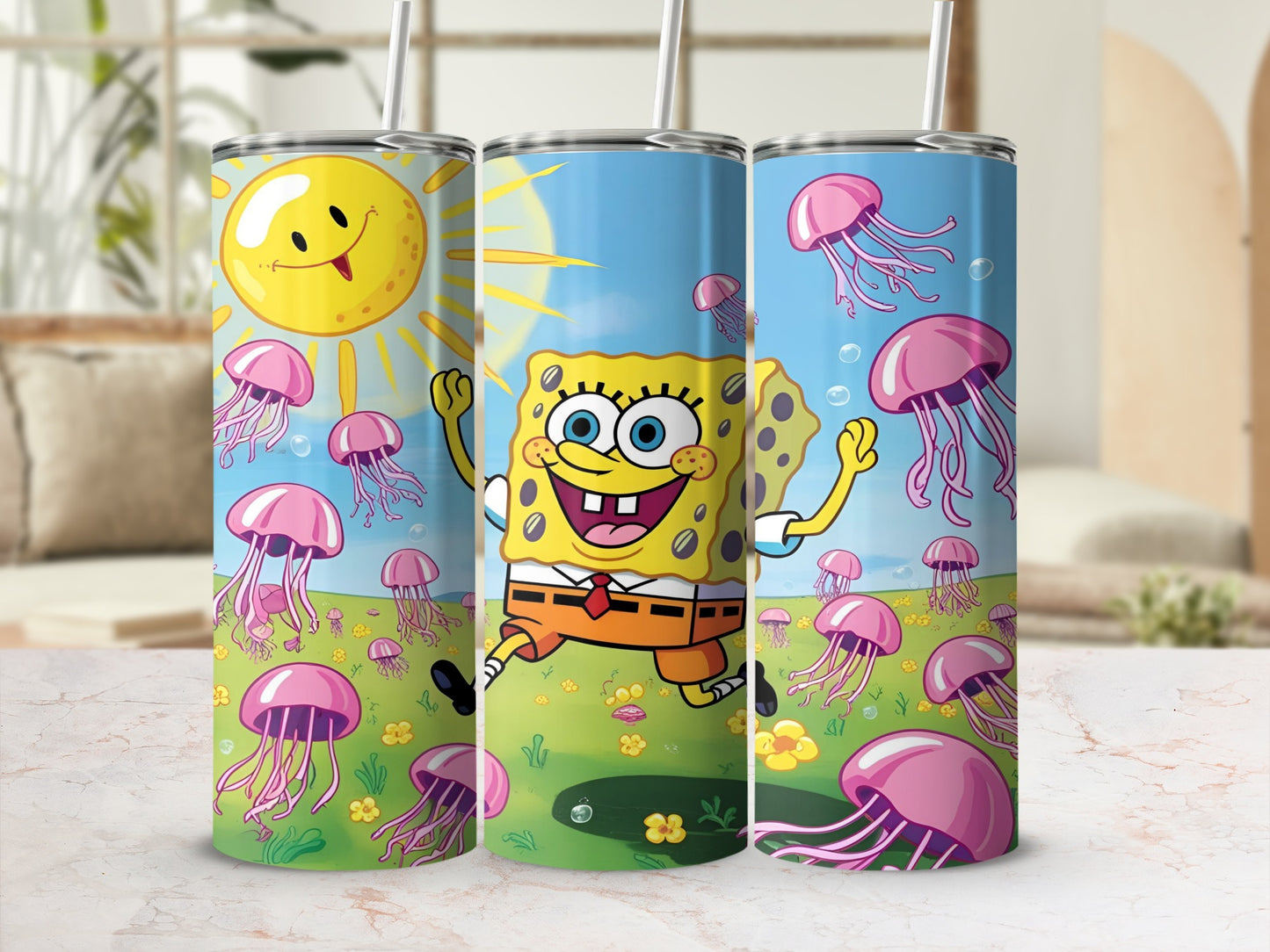 SpongeBob SquarePants with jellyfish and a smiling sun under a blue sky.