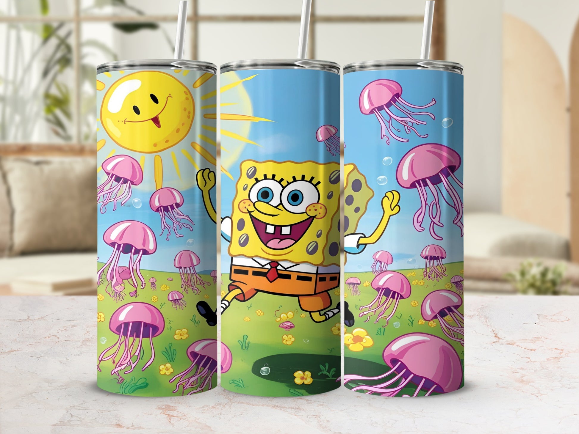 SpongeBob SquarePants with jellyfish and a smiling sun under a blue sky.