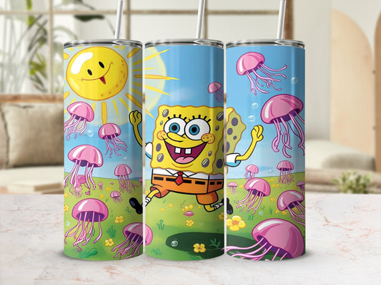 SpongeBob SquarePants with jellyfish and a smiling sun under a blue sky.