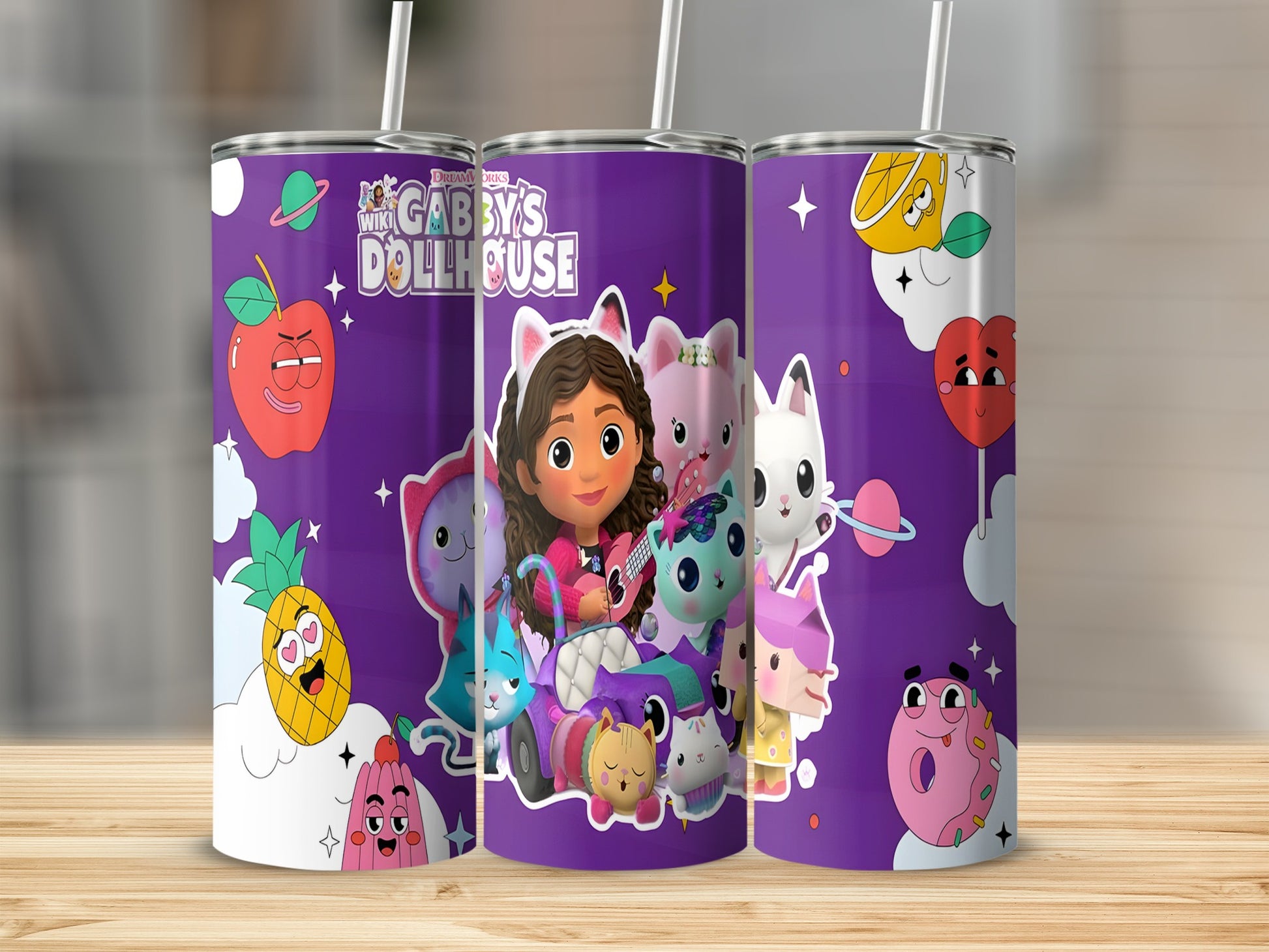 Gabby's Dollhouse tumbler with Gabby, Pandy Paws, and cartoon characters on a purple background.