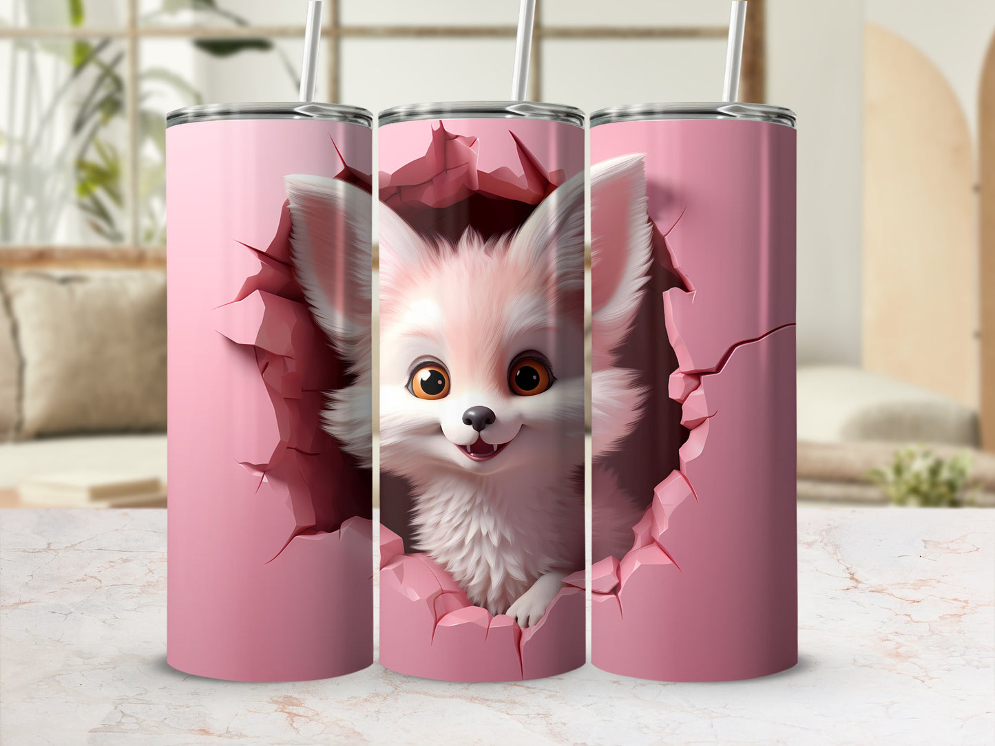 Cute Fox Peeking Design Triple Set Insulated Tumbler
