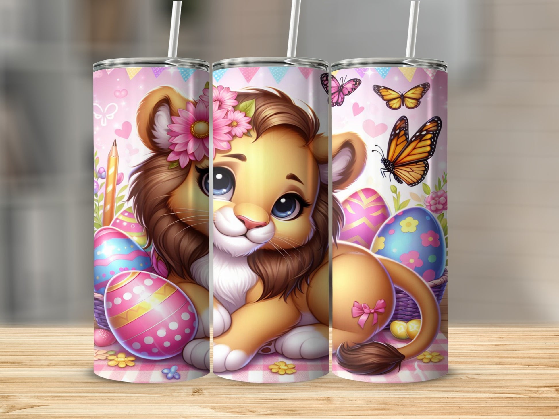 Cute lion cub with Easter eggs and butterflies.