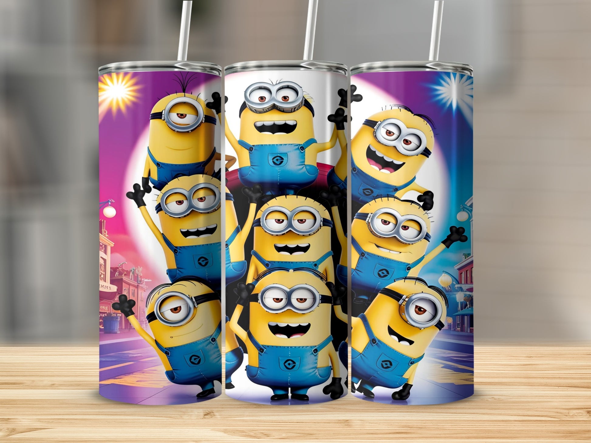Minions in blue overalls smiling and waving, with city background.