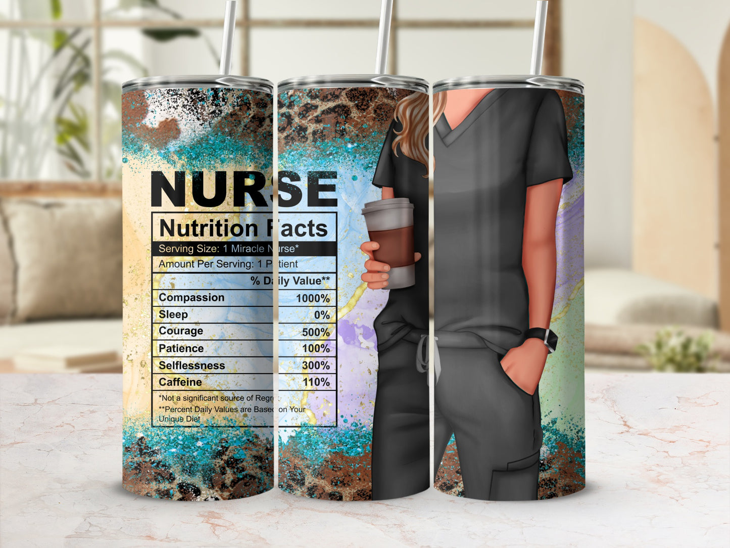 Nurse themed tumbler with nutrition facts label and leopard print accents.