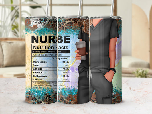 Nurse themed tumbler with nutrition facts label and leopard print accents.