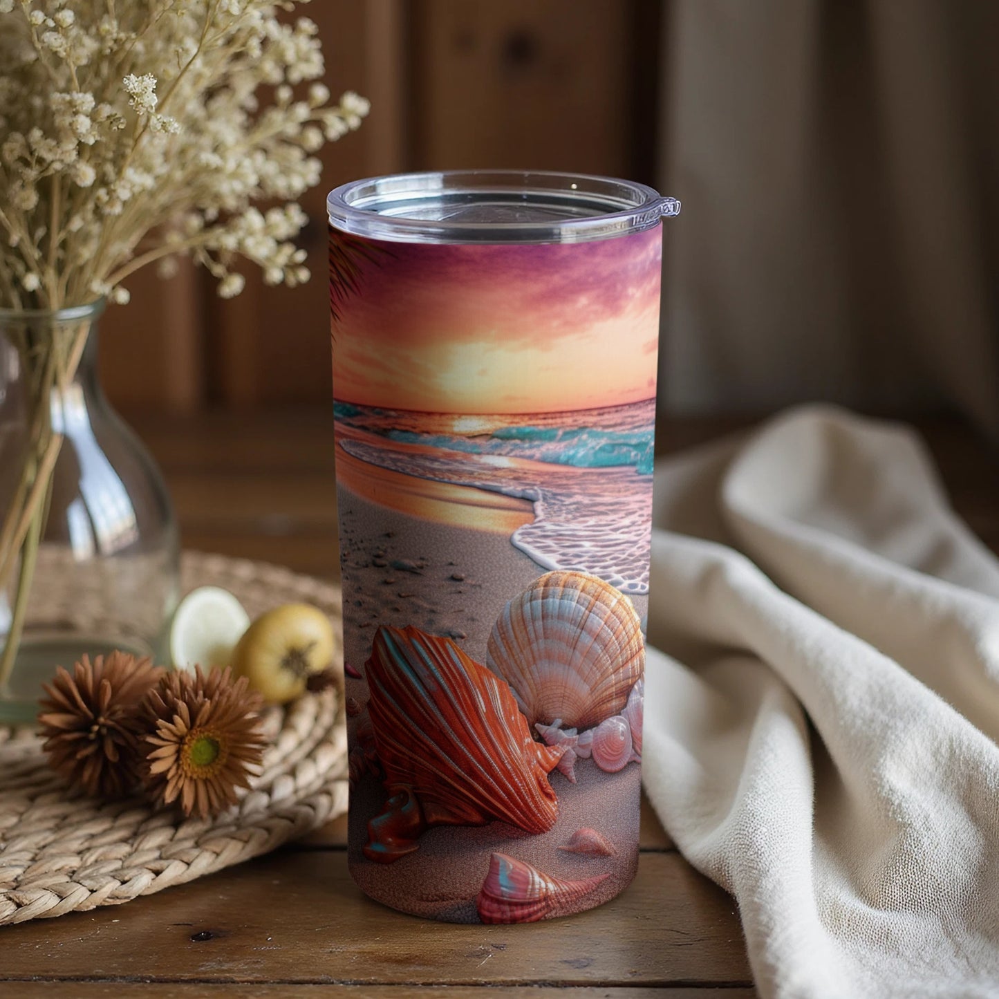 Sunset Beach Scene with Seashells Tumbler Product