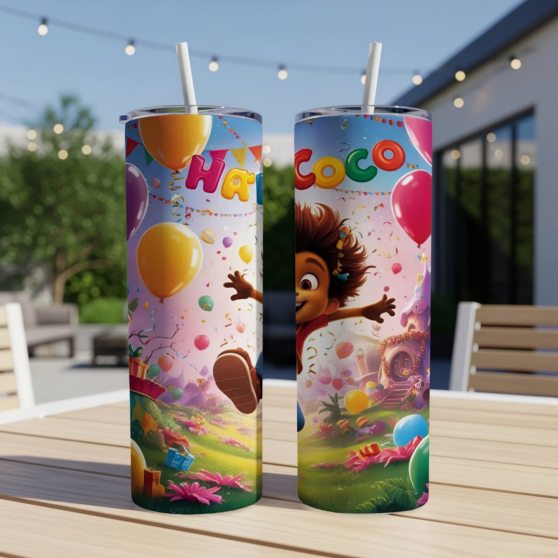 Tumbler with "Hey Coco" text and cartoon character dancing among balloons and gifts.