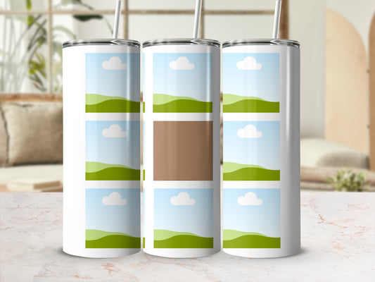 Three white tumblers with straw, each featuring nine square photo placeholders with a landscape design.