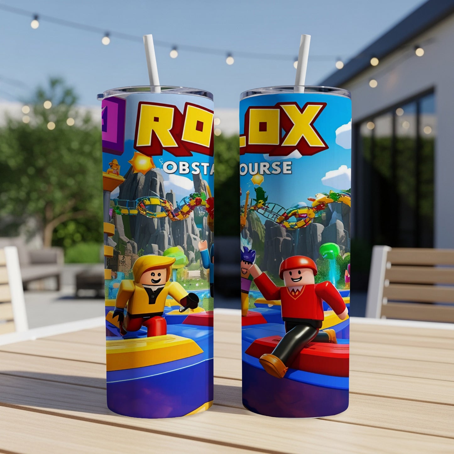 Roblox Obstacle Course tumbler with characters in a game setting.