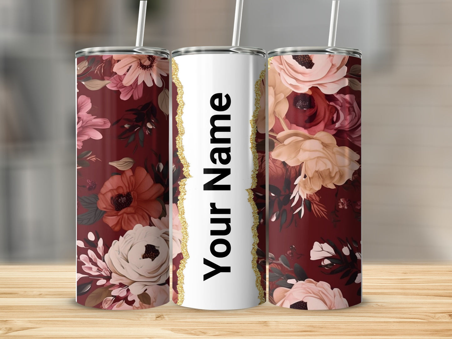 Personalized Floral Designed Tumbler with Custom Name