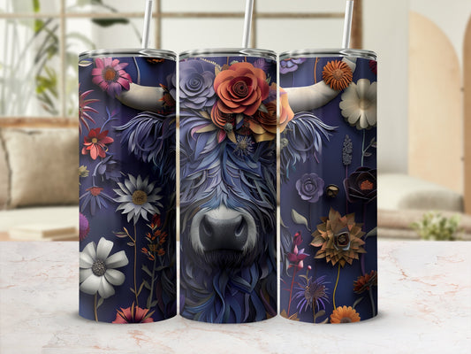 Dark Highland cow with floral accents and white straw on a pink marble background.