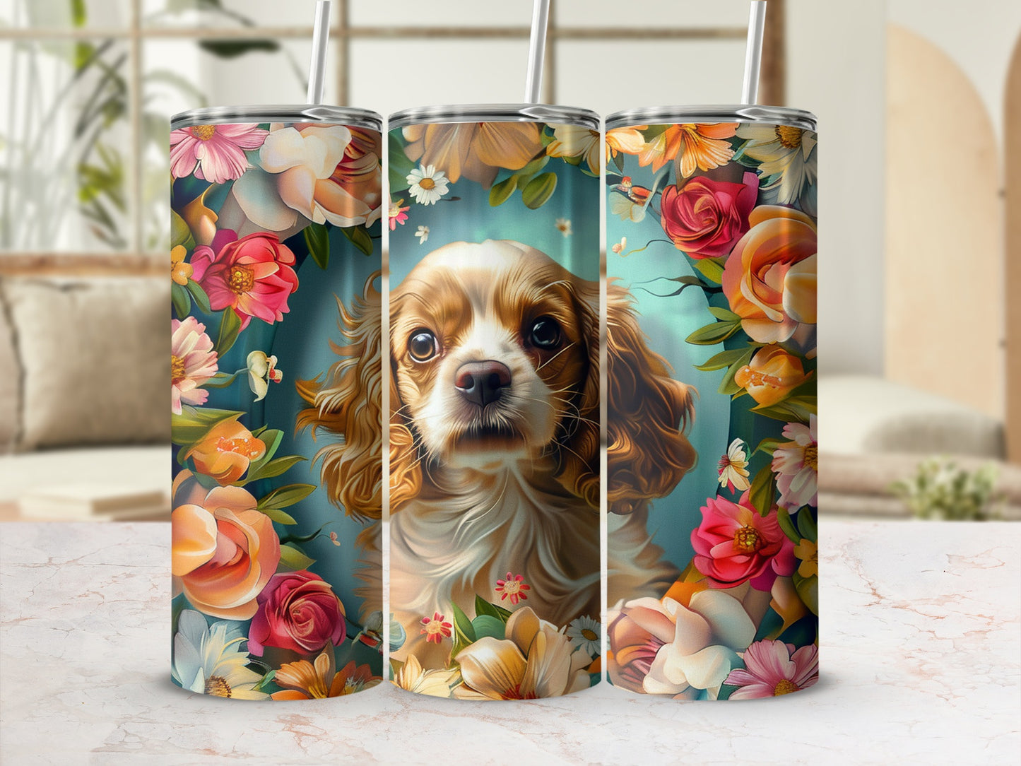 Cavalier King Charles Spaniel surrounded by colorful floral arrangements on a tumbler.