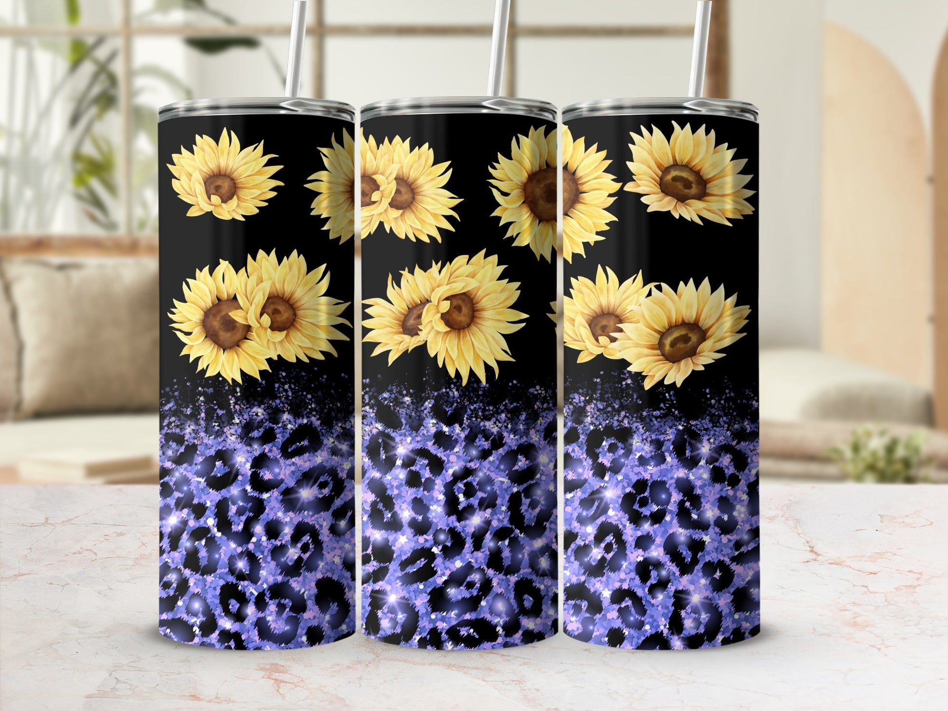 Black tumbler with sunflowers and purple leopard print.