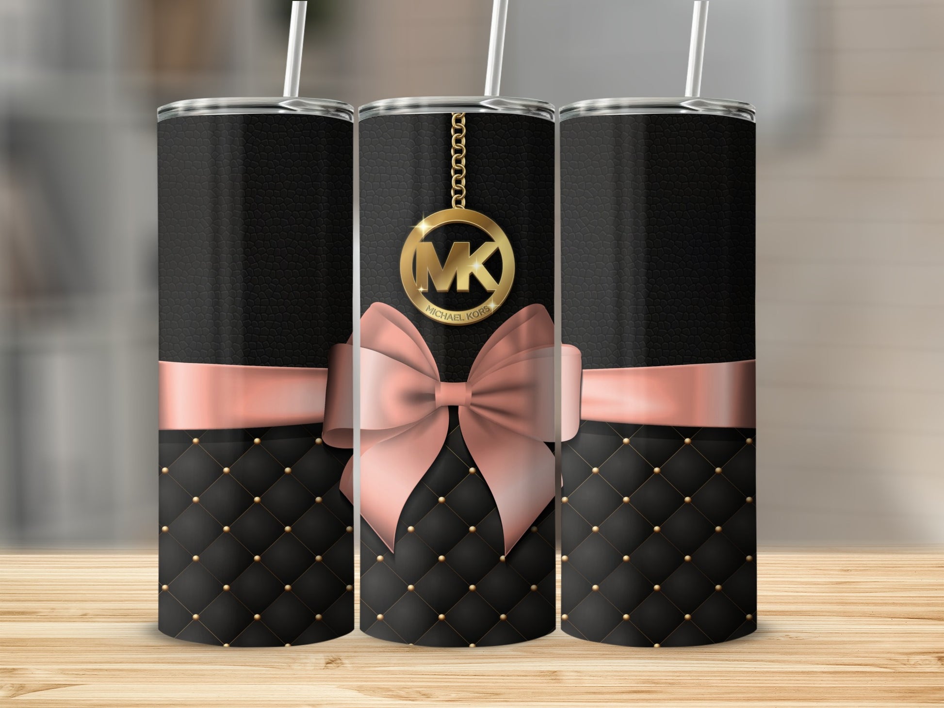 Elegant Black Quilted Design with Pink Bow Tumbler