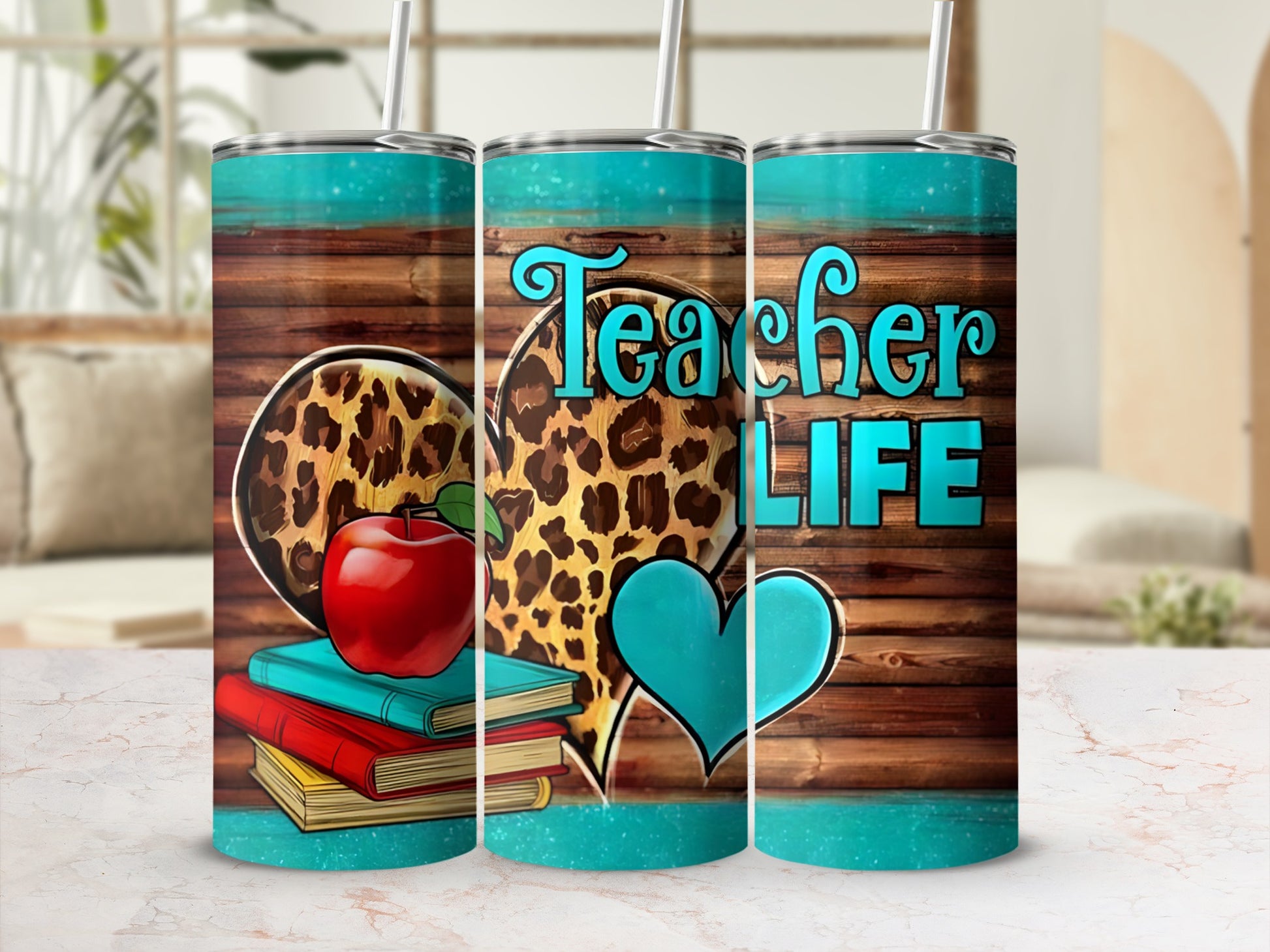 Teacher Life tumbler with apple, books, hearts, and leopard print.