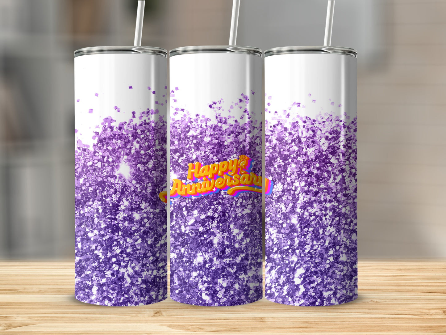 Three white tumblers with purple glitter and "Happy Anniversary" text.