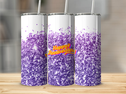 Three white tumblers with purple glitter and "Happy Anniversary" text.