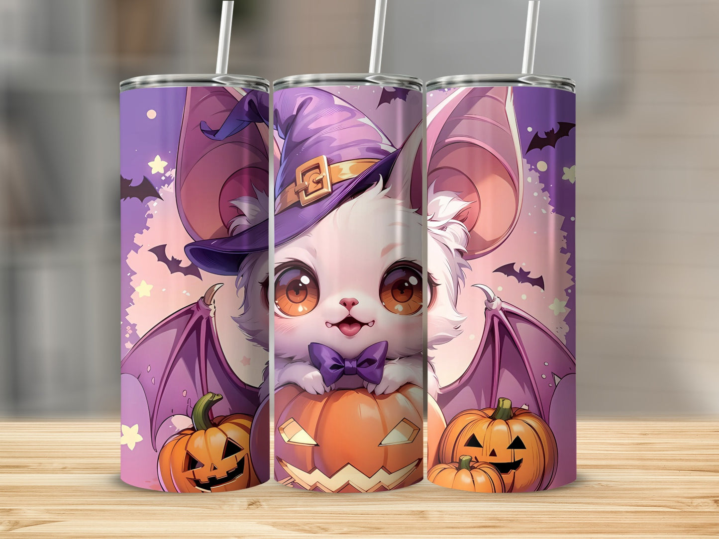 Three tumblers feature a cartoon bat wearing a witch hat and bow tie, with pumpkins.