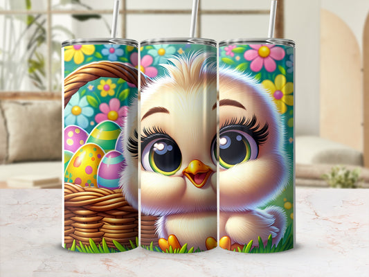 Cute chick and Easter basket with colorful eggs on a patterned background.