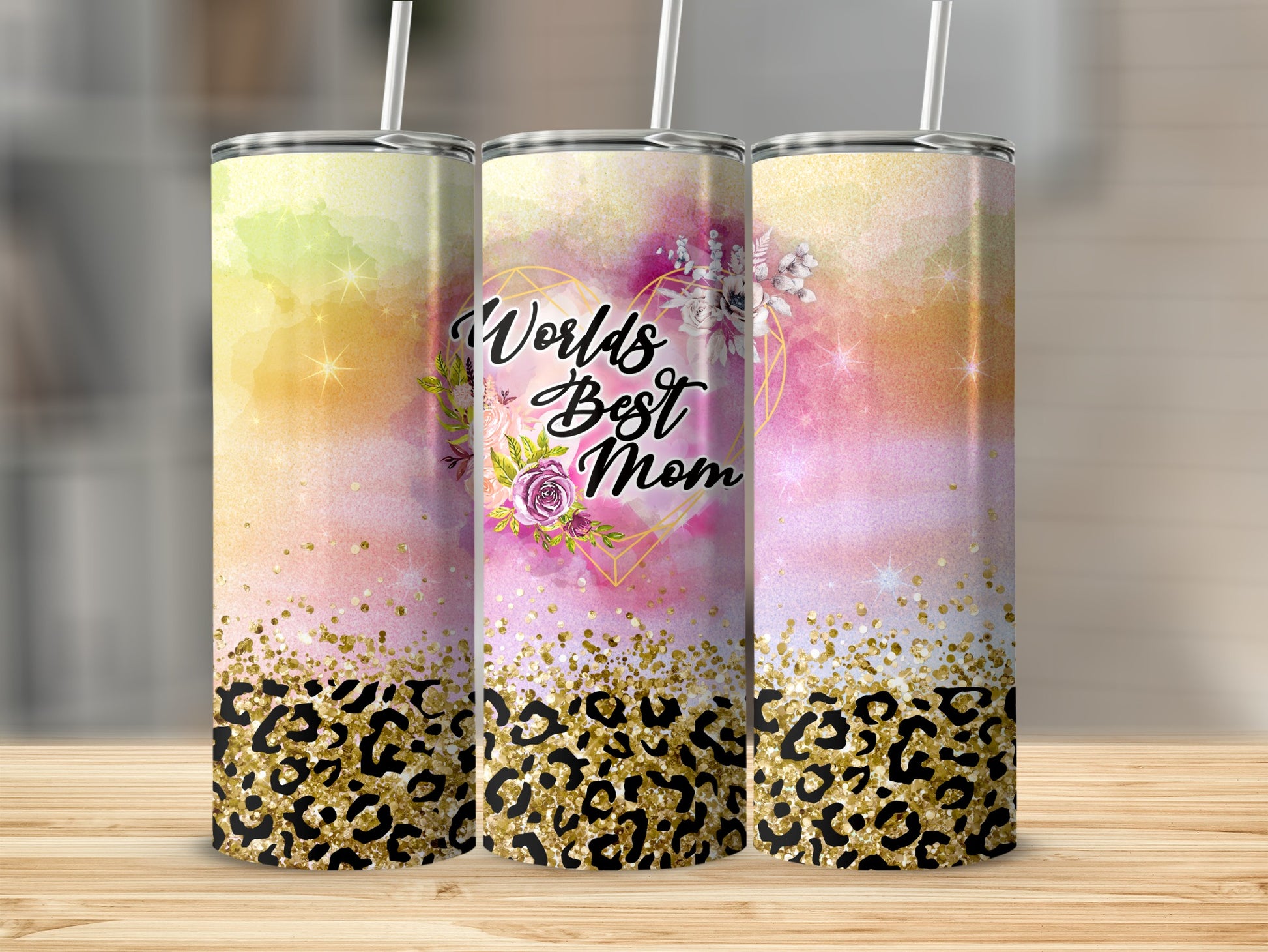 Tumbler with watercolor background, leopard print, and "World's Best Mom" text.