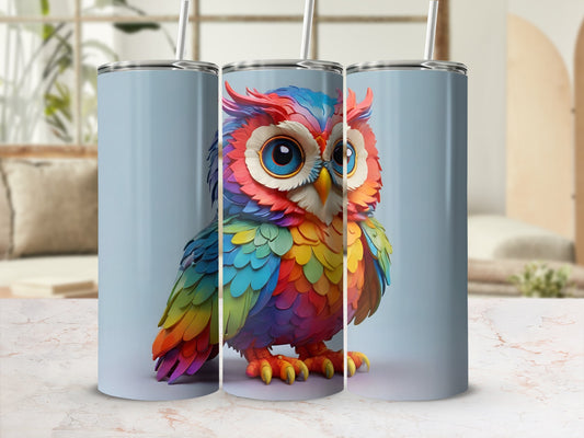 Colorful cartoon owl design on three stainless steel tumblers with straws.
