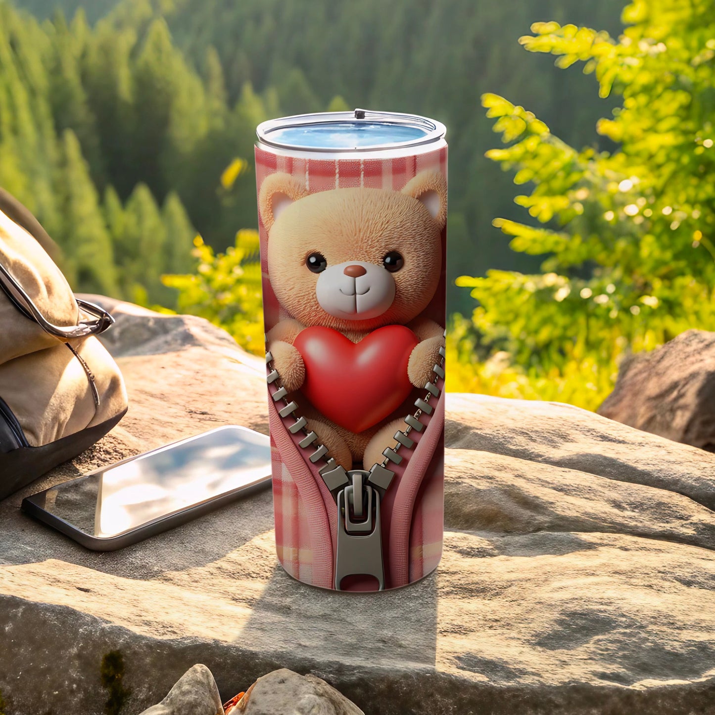 Tumbler with teddy bear holding heart, pink plaid zipper design.