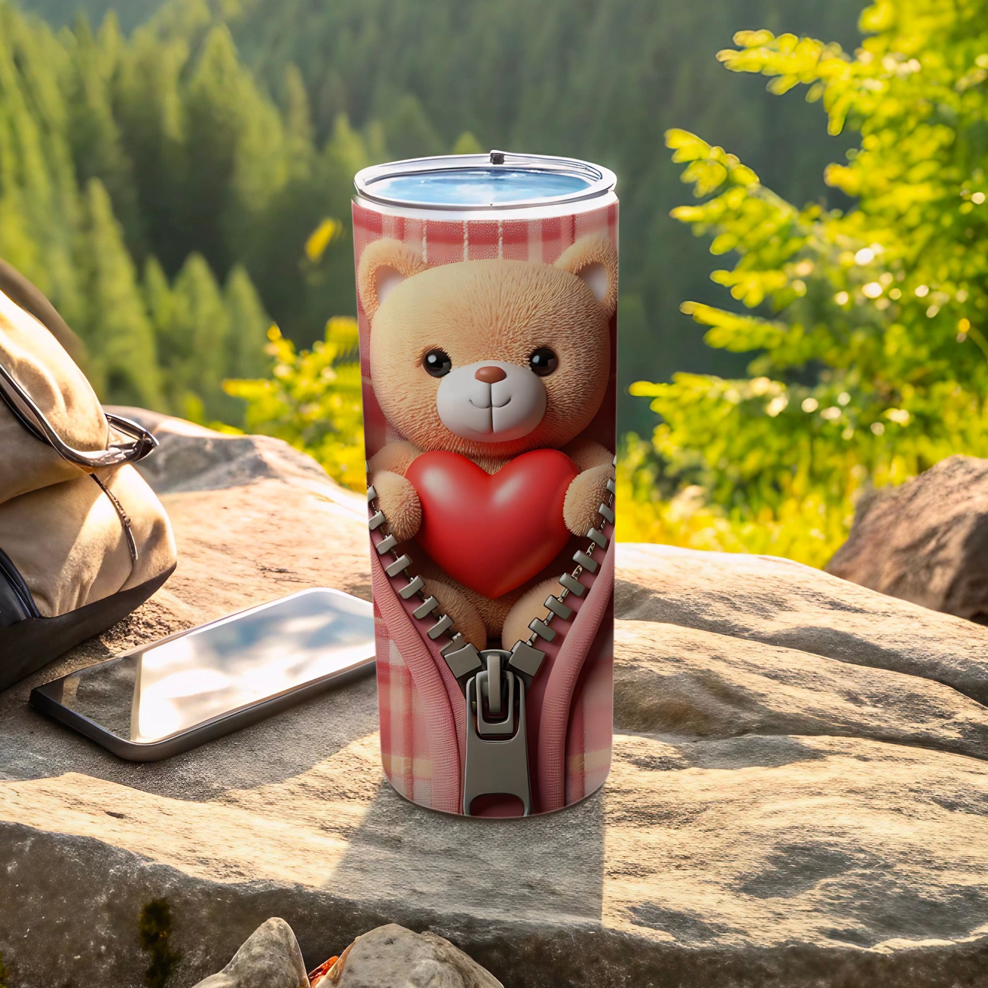 Tumbler with teddy bear holding heart, pink plaid zipper design.