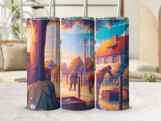 Triptych of a soldier in a rural landscape with horse and jacket.