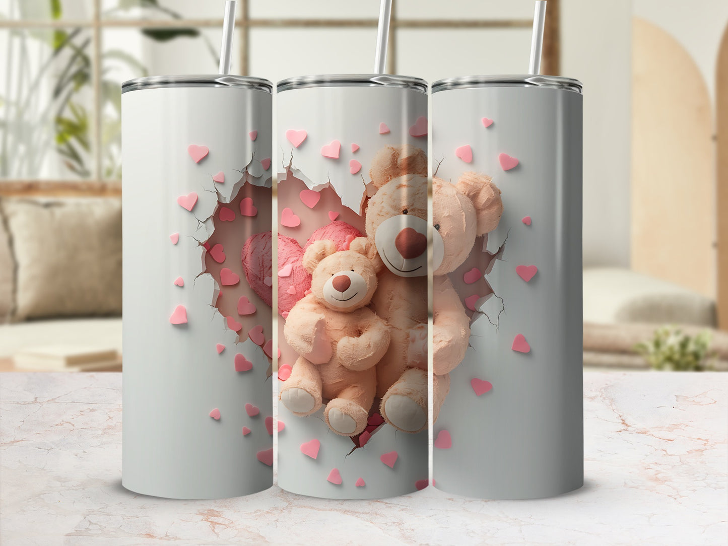 Three tumblers featuring a pink heart with teddy bears breaking through.
