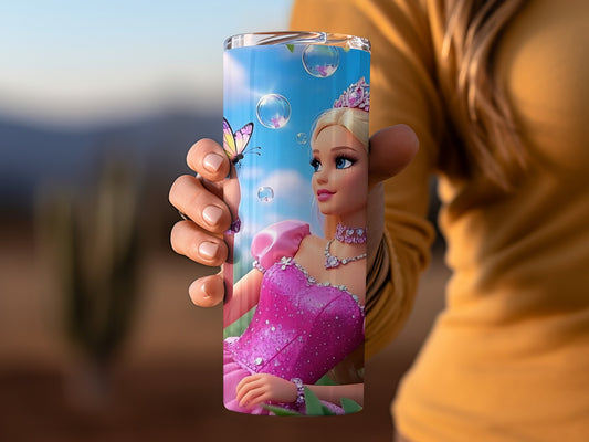 Barbie Blonde With a Butterfly on Her Hand Design Tumblers