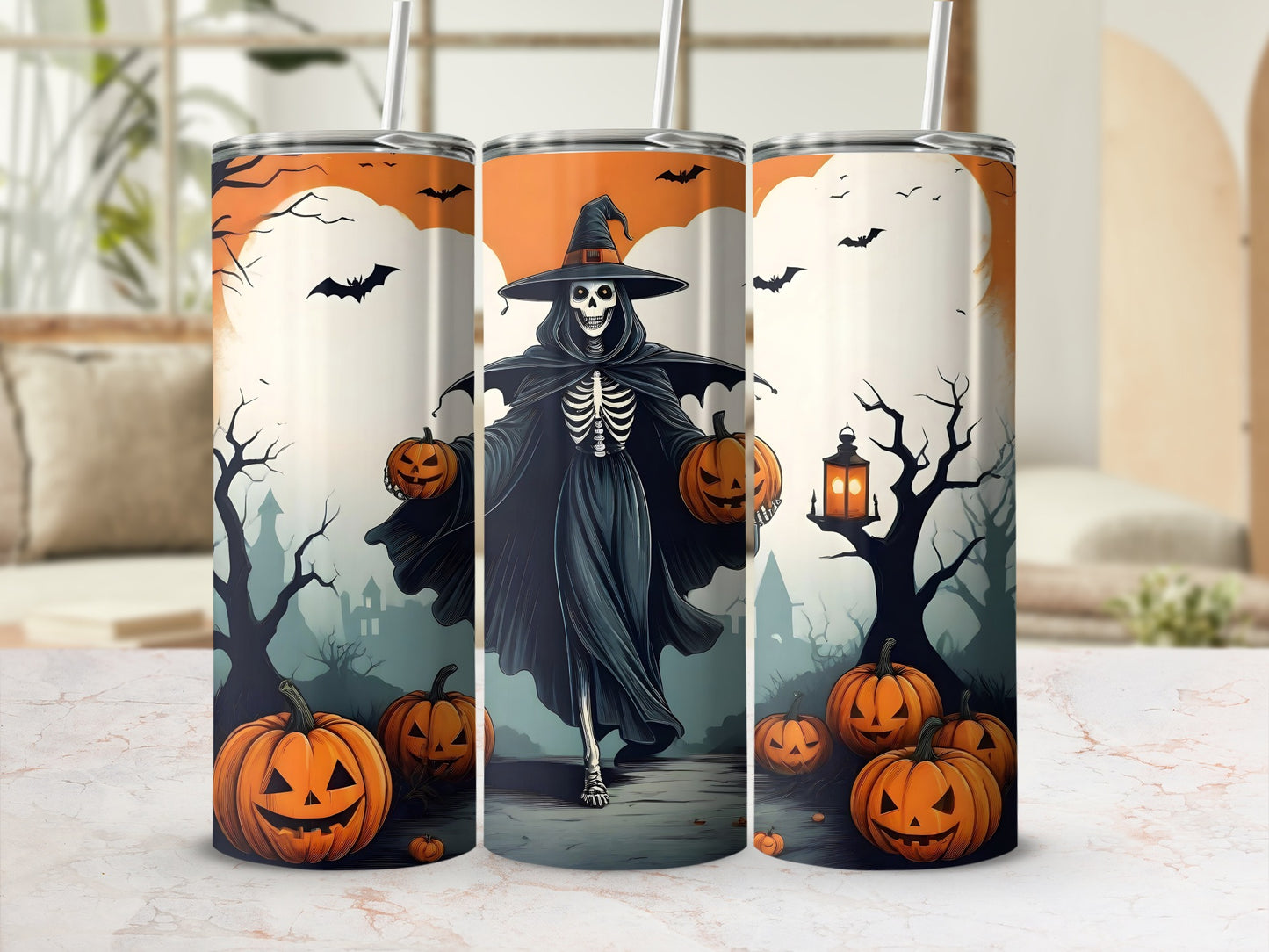 Halloween tumbler with Grim Reaper, pumpkins, bats, and spooky trees.
