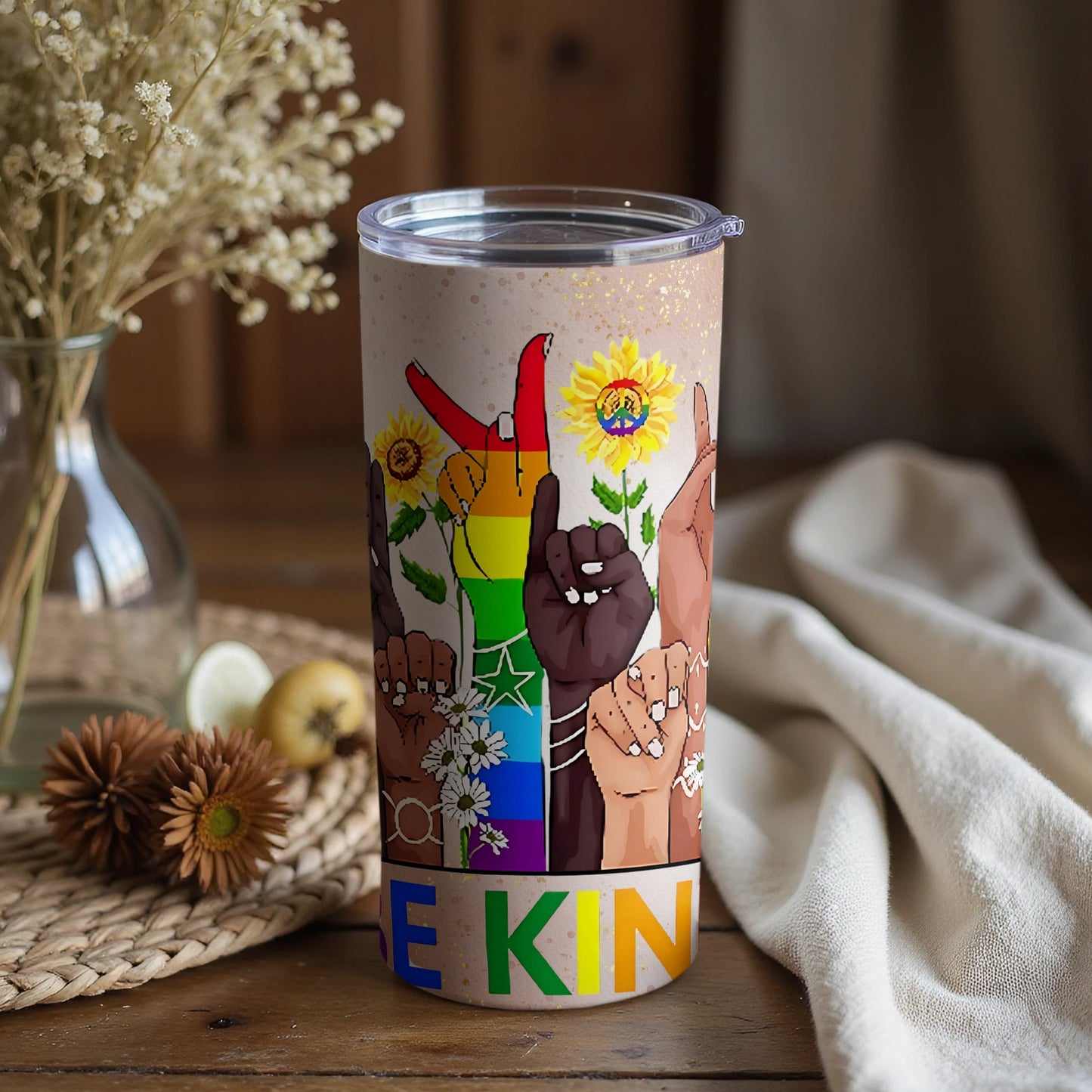 Be Kind Rainbow and Sunflower Design Tumbler